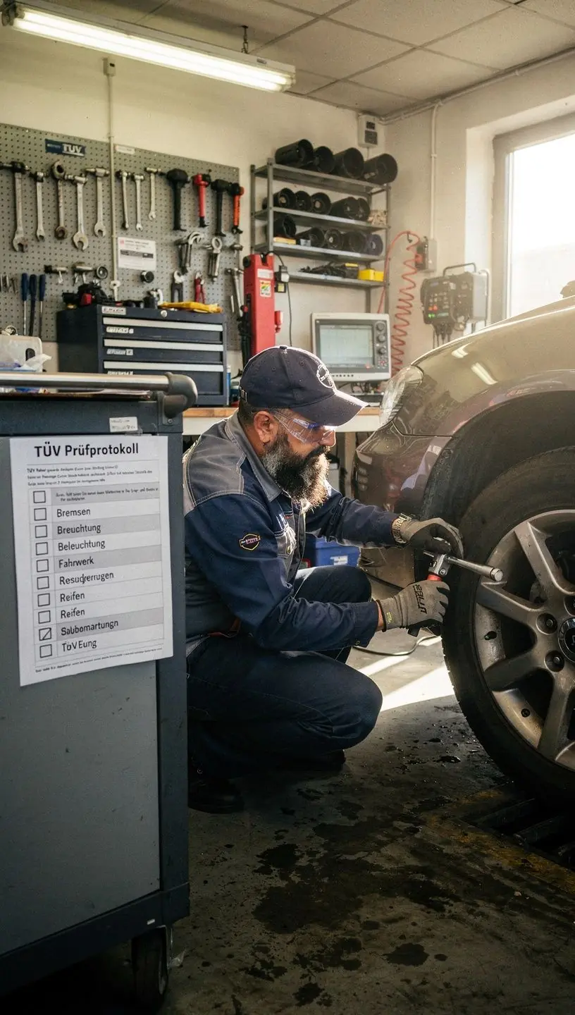 Mechaniker kontrolliert Beleuchtung und Blinker für sichere TÜV-Abnahme